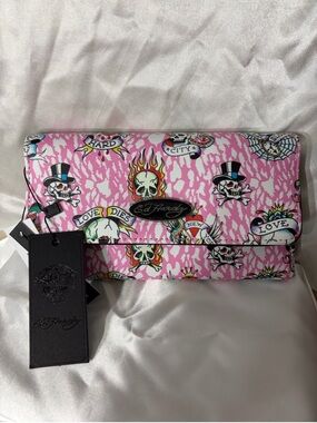 Ed Hardy Pink Tattoo-Print Foldover Clutch